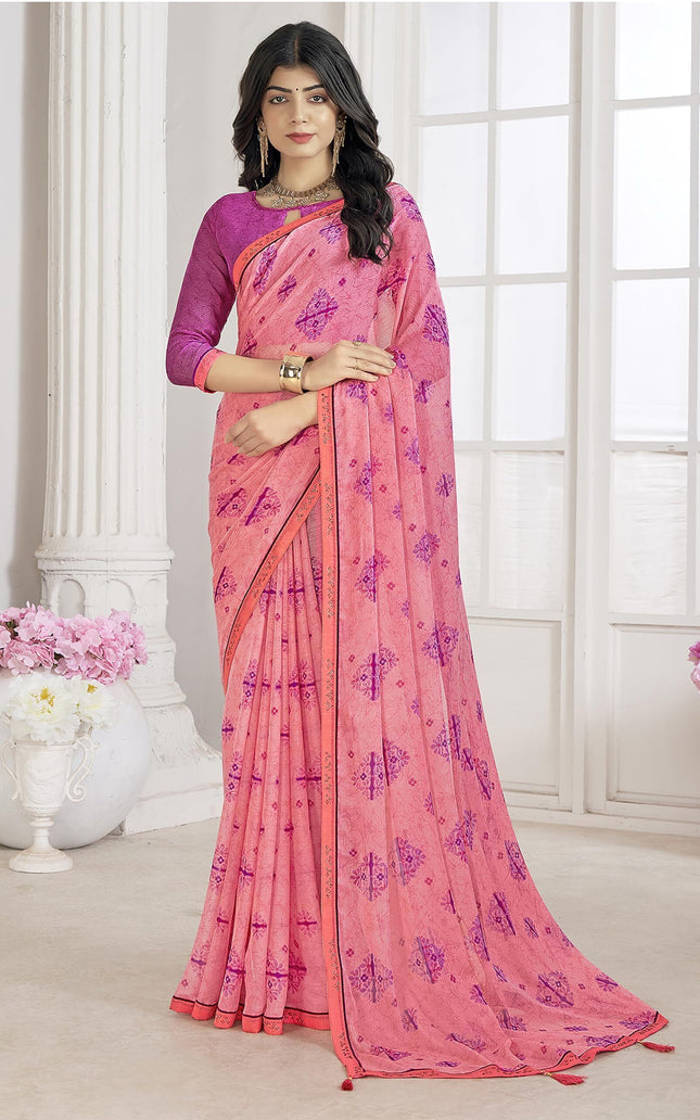 Floral Print Bandhani Chiffon, Lace Saree (Pink)