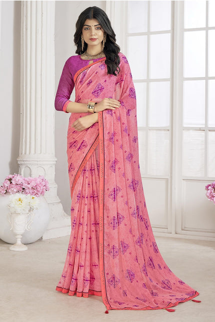 Floral Print Bandhani Chiffon, Lace Saree (Pink)