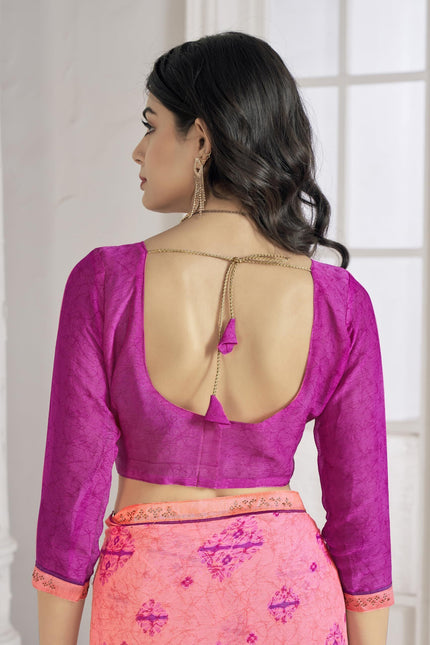 Floral Print Bandhani Chiffon, Lace Saree (Pink)