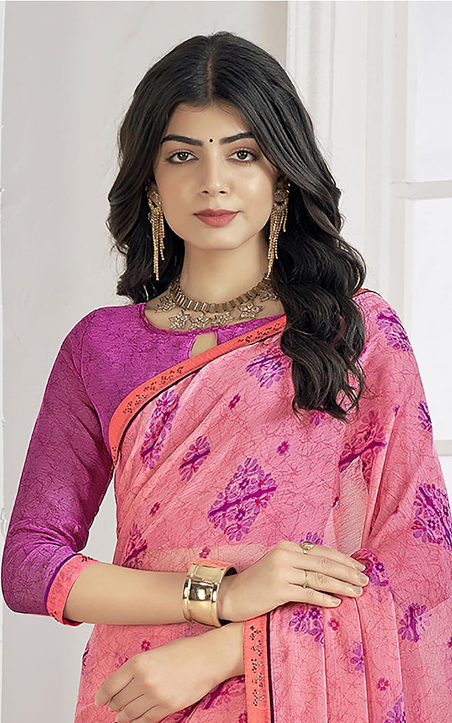 Floral Print Bandhani Chiffon, Lace Saree (Pink)