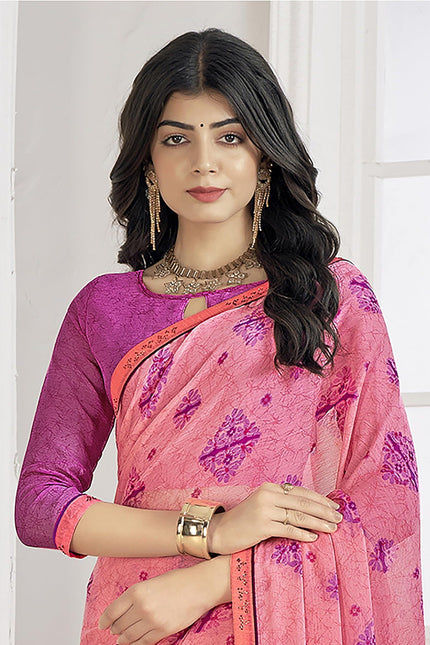 Floral Print Bandhani Chiffon, Lace Saree (Pink)