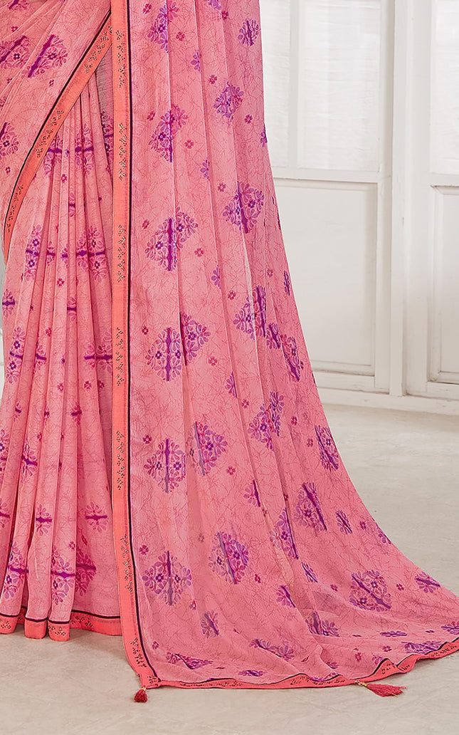 Floral Print Bandhani Chiffon, Lace Saree (Pink)
