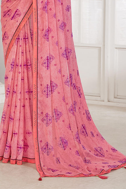Floral Print Bandhani Chiffon, Lace Saree (Pink)