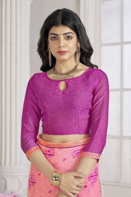 Floral Print Bandhani Chiffon, Lace Saree (Pink)