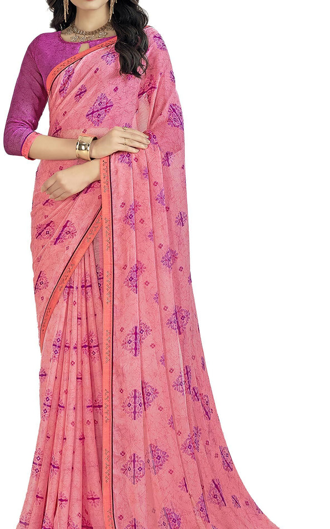 Floral Print Bandhani Chiffon, Lace Saree (Pink)