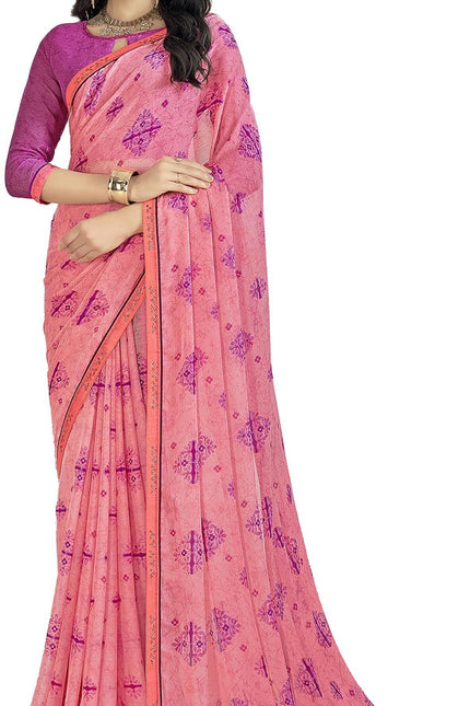 Floral Print Bandhani Chiffon, Lace Saree (Pink)