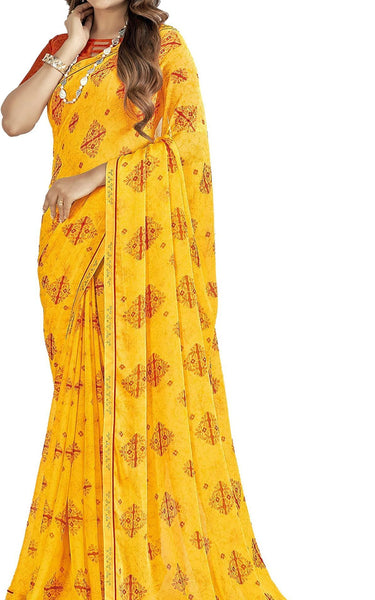 Trendy Self Printed, Chiffon saree With All Over Fancy Printed Butta And Attached Siroski Lace (Yellow)