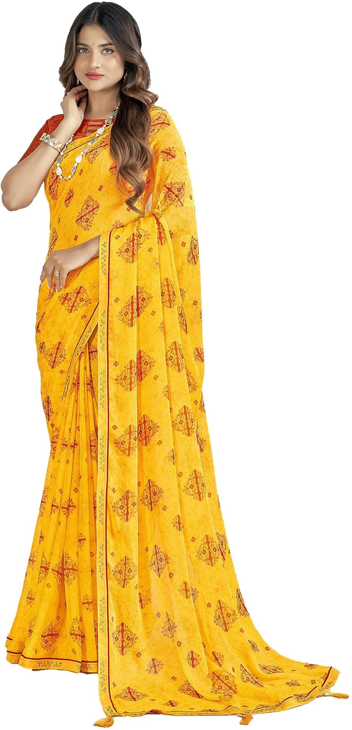 Trendy Self Printed Chiffon saree With All Over Fancy Printed Butta And Attached Siroski Lace (Yellow)