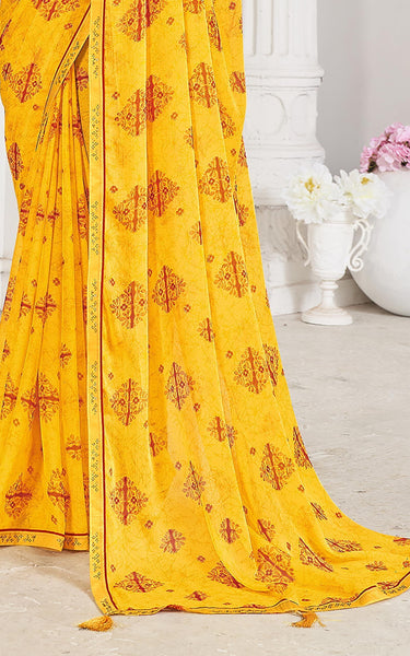 Trendy Self Printed, Chiffon saree With All Over Fancy Printed Butta And Attached Siroski Lace (Yellow)