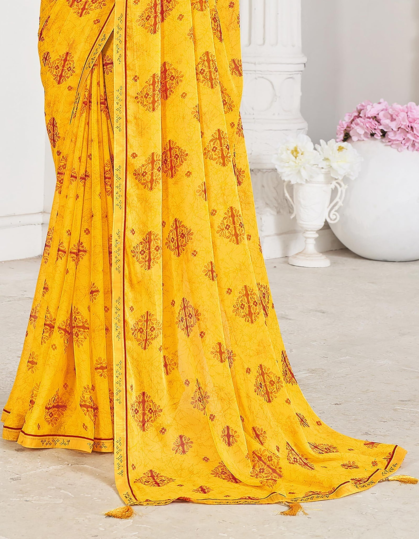 Trendy Self Printed Chiffon saree With All Over Fancy Printed Butta And Attached Siroski Lace (Yellow)