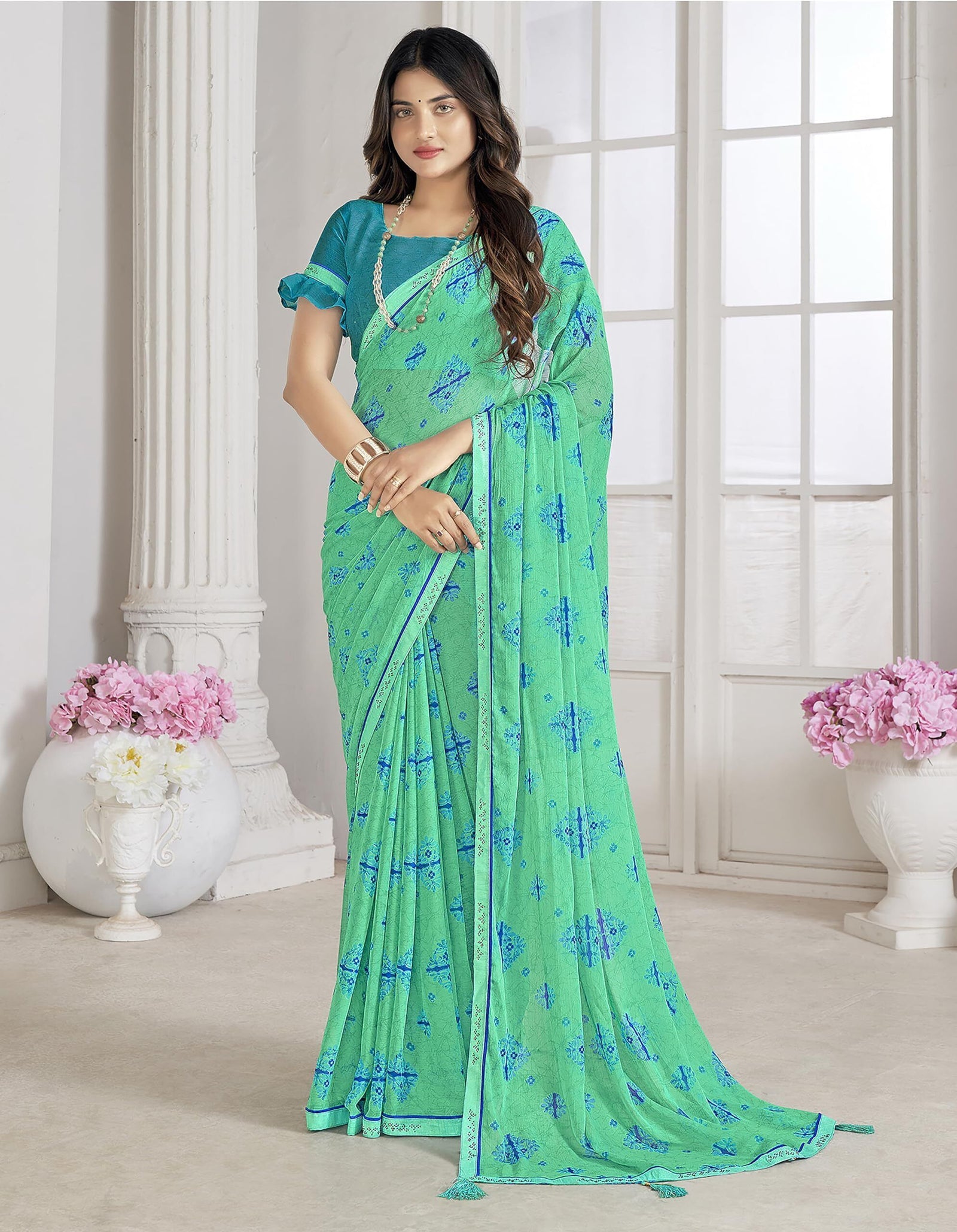 Trendy Self Printed Chiffon saree With All Over Fancy Printed Butta And Attached Siroski Lace (Green)