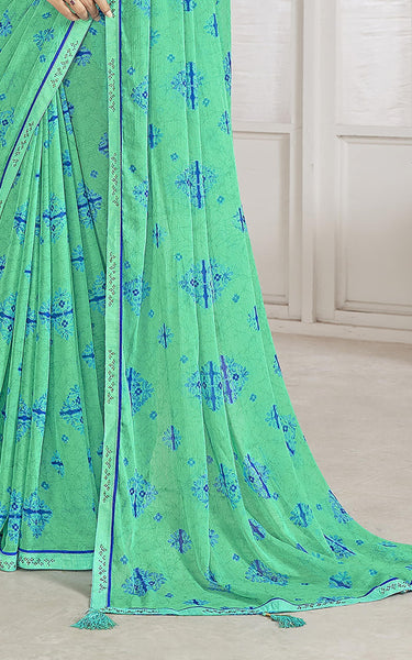 Trendy Self Printed, Chiffon saree With All Over Fancy Printed Butta And Attached Siroski Lace (Orange)