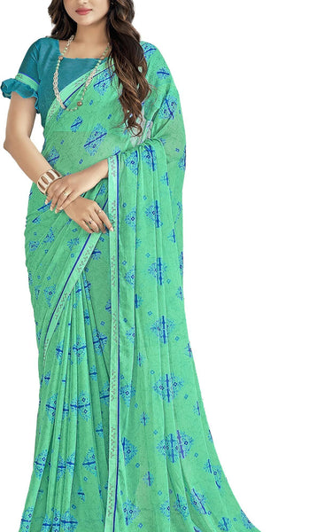 Trendy Self Printed, Chiffon saree With All Over Fancy Printed Butta And Attached Siroski Lace (Orange)