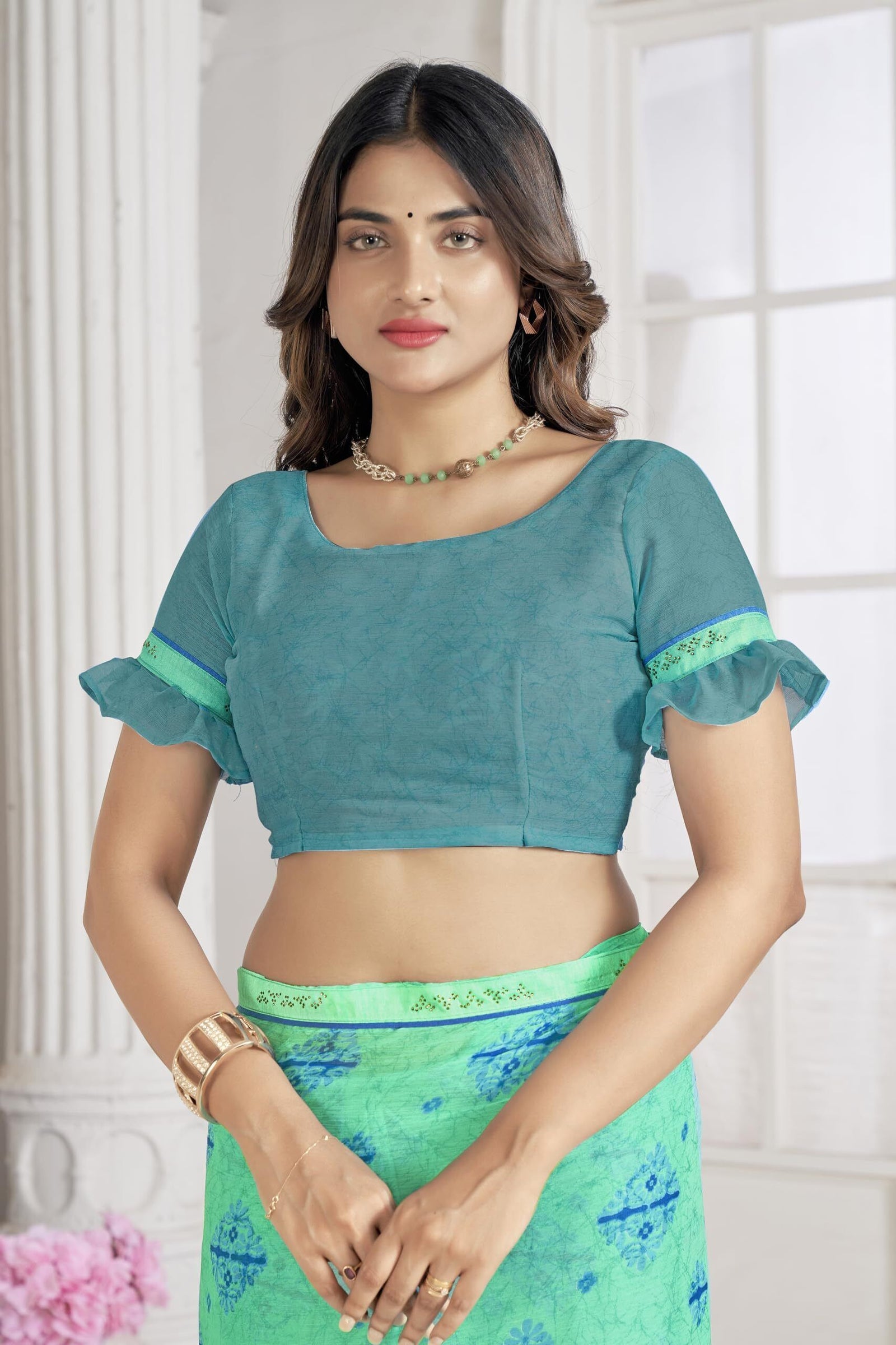 Trendy Self Printed Chiffon saree With All Over Fancy Printed Butta And Attached Siroski Lace (Green)