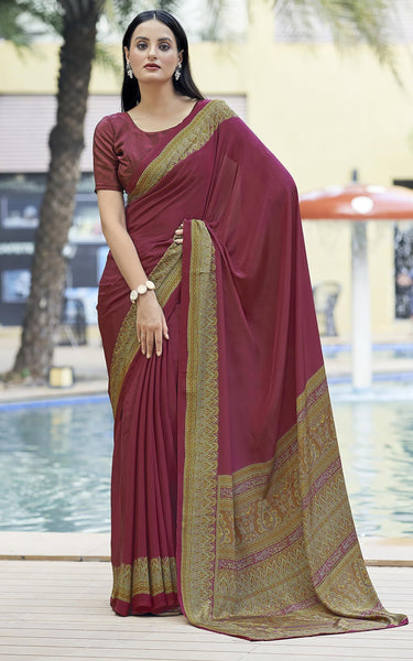 Plain Self Printed, Italian Silk Crape Saree With Contrast Pallu (Maroon)