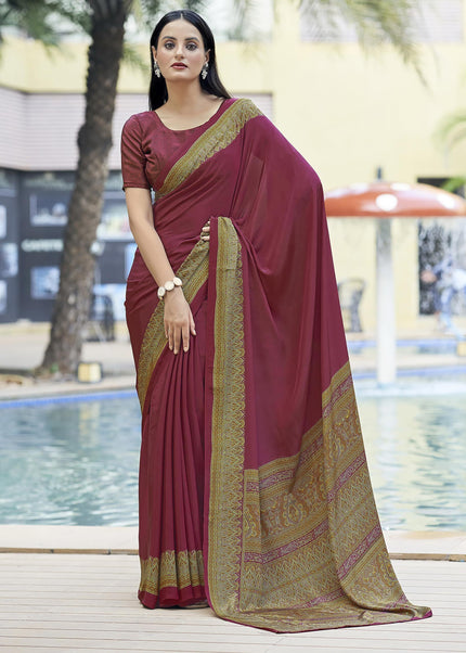 Plain Self Printed, Italian Silk Crape Saree With Contrast Pallu (Maroon)