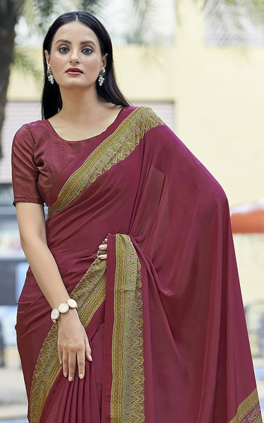 Plain Self Printed, Italian Silk Crape Saree With Contrast Pallu (Maroon)