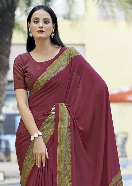 Plain Self Printed, Italian Silk Crape Saree With Contrast Pallu (Maroon)