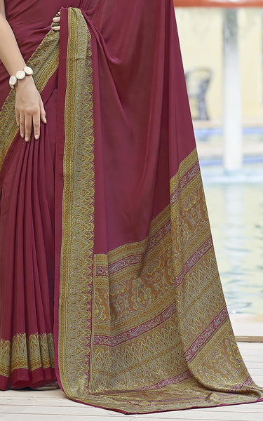 Plain Self Printed, Italian Silk Crape Saree With Contrast Pallu (Maroon)