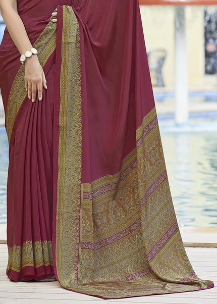 Plain Self Printed, Italian Silk Crape Saree With Contrast Pallu (Maroon)
