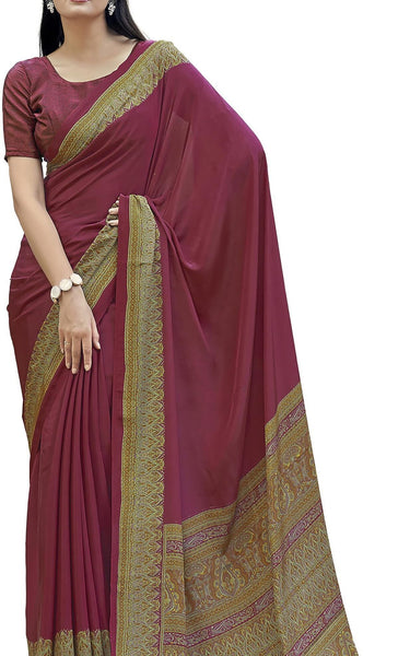 Plain Self Printed, Italian Silk Crape Saree With Contrast Pallu (Maroon)