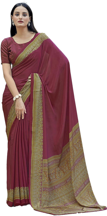 Plain Self Printed, Italian Silk Crape Saree With Contrast Pallu (Maroon)