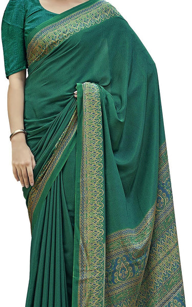 Plain Self Printed, Italian Silk Crape Saree With Contrast Pallu (Dark Green)