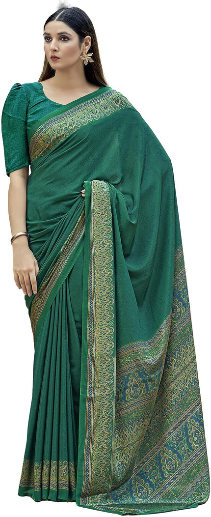 Plain Self Printed, Italian Silk Crape Saree With Contrast Pallu (Dark Green)