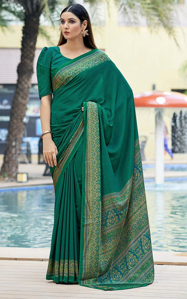 Plain Self Printed, Italian Silk Crape Saree With Contrast Pallu (Dark Green)