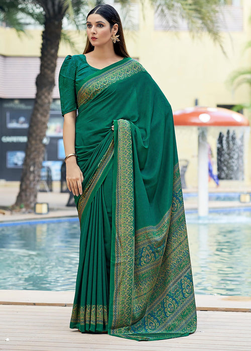 Plain Self Printed, Italian Silk Crape Saree With Contrast Pallu (Dark Green)