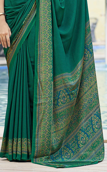 Plain Self Printed, Italian Silk Crape Saree With Contrast Pallu (Dark Green)