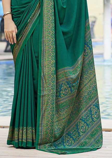 Plain Self Printed, Italian Silk Crape Saree With Contrast Pallu (Dark Green)