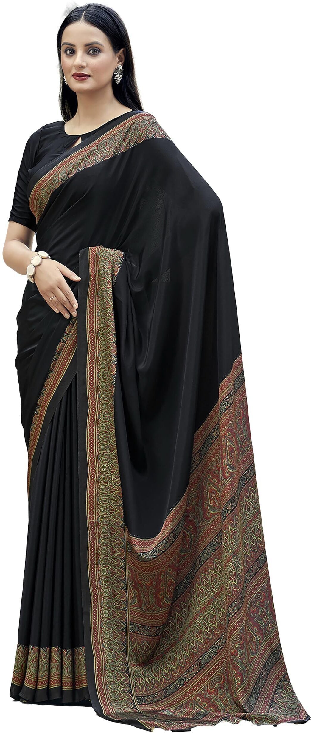 Plain Self Printed, Italian Silk Crape Saree With Contrast Pallu (Black)