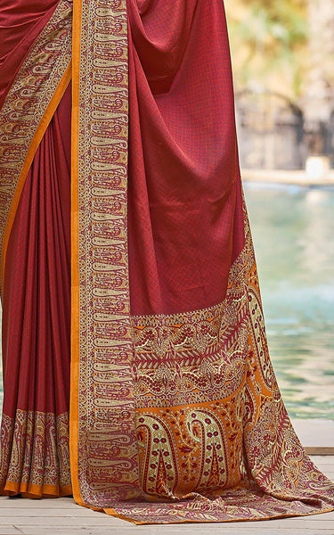 Plain Self Printed, Italian Silk Crape Saree With Contrast Pallu (Red)