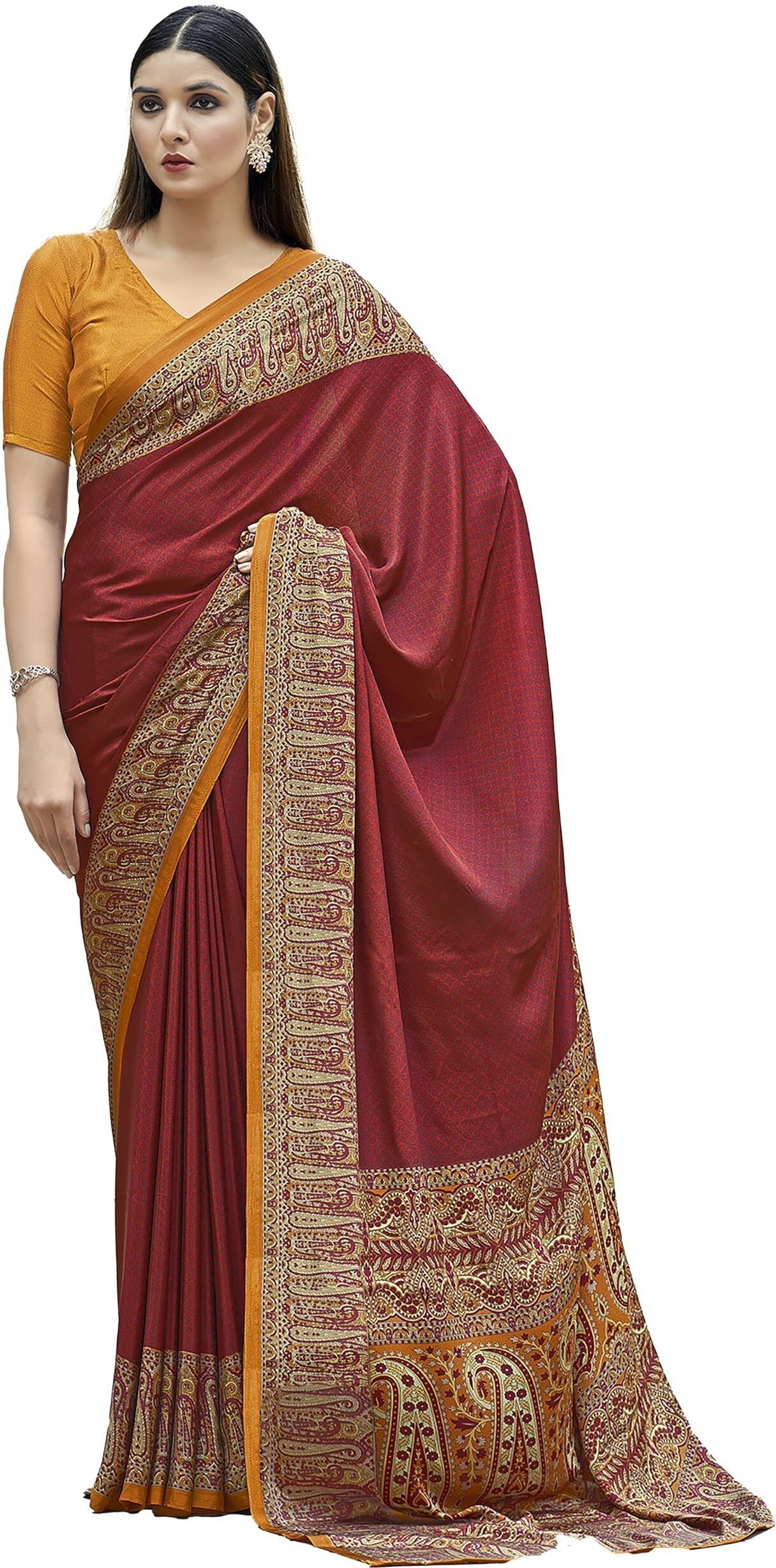 Plain Self Printed, Italian Silk Crape Saree With Contrast Pallu (Red)