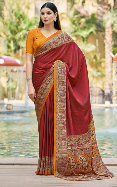 Plain Self Printed, Italian Silk Crape Saree With Contrast Pallu (Red)