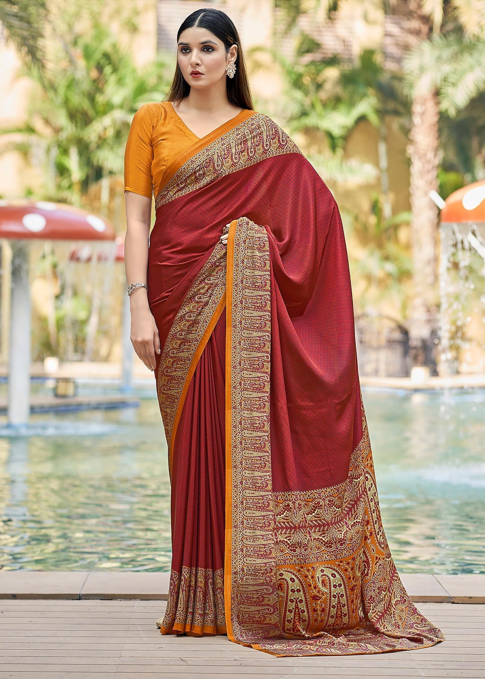 Plain Self Printed, Italian Silk Crape Saree With Contrast Pallu (Red)