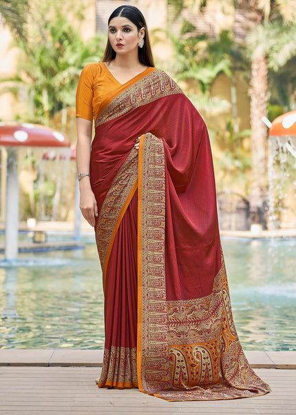 Plain Self Printed, Italian Silk Crape Saree With Contrast Pallu (Red)