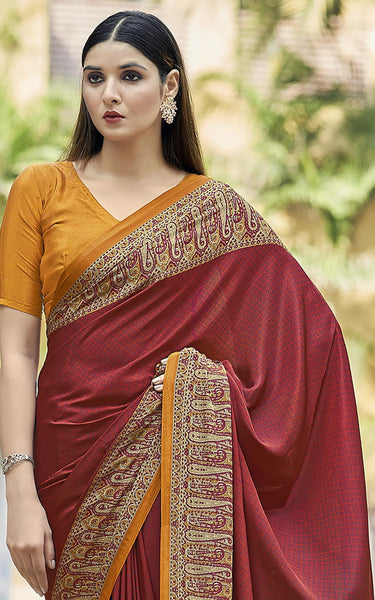Plain Self Printed, Italian Silk Crape Saree With Contrast Pallu (Red)
