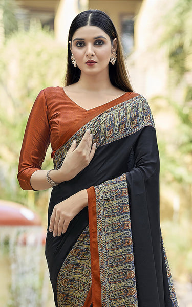 Plain Self Printed, Italian Silk Crape Saree With Contrast Pallu (Black)