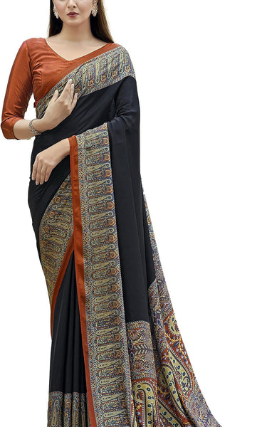 Plain Self Printed, Italian Silk Crape Saree With Contrast Pallu (Black)