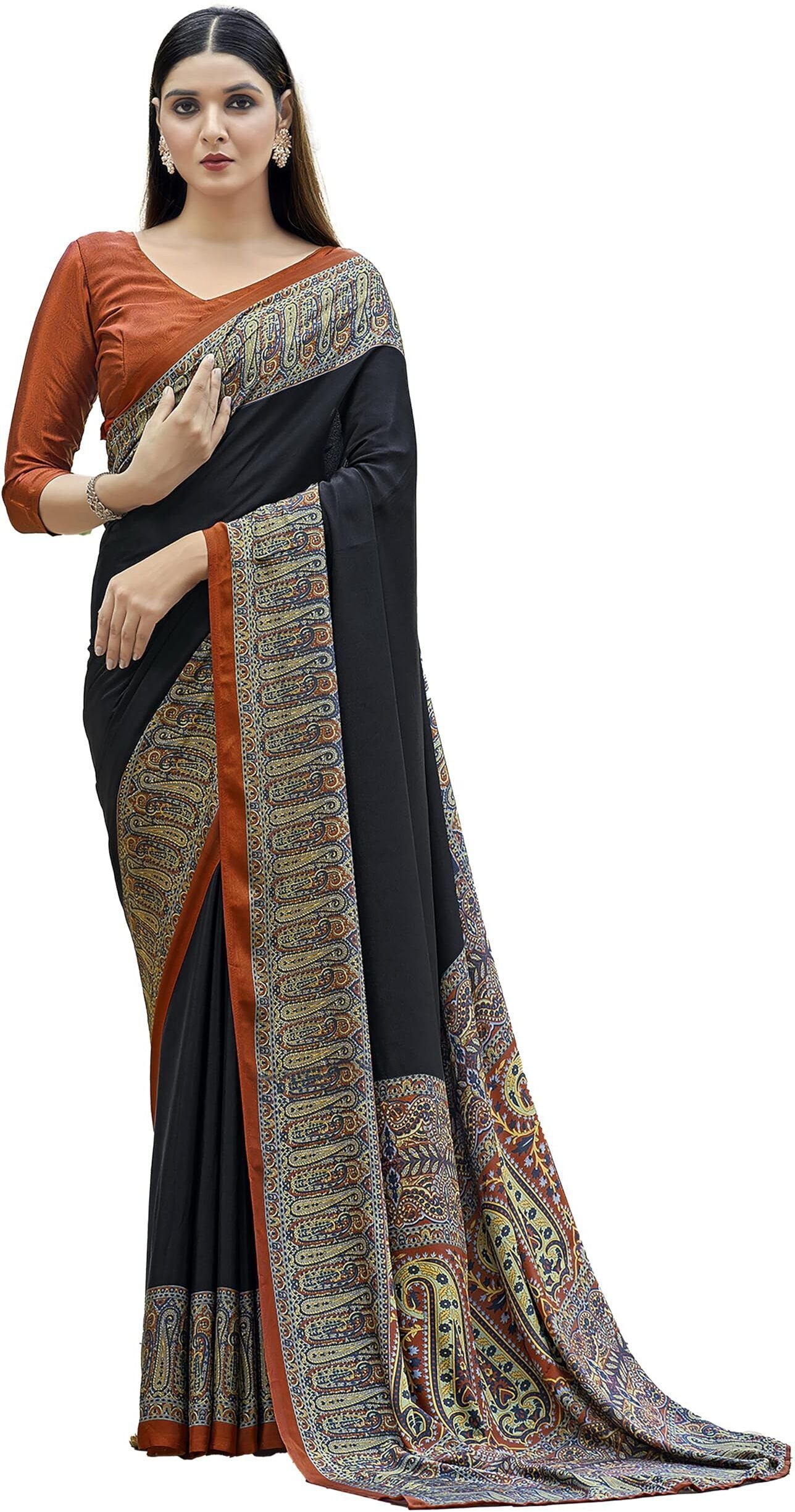 Plain Self Print Italian Silk Crape Saree With Contrast Pallu (Black)
