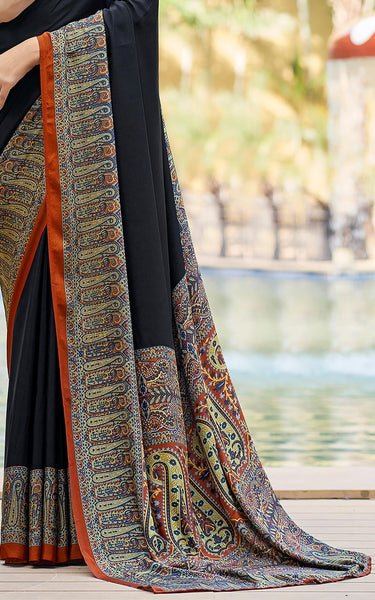 Plain Self Printed, Italian Silk Crape Saree With Contrast Pallu (Black)