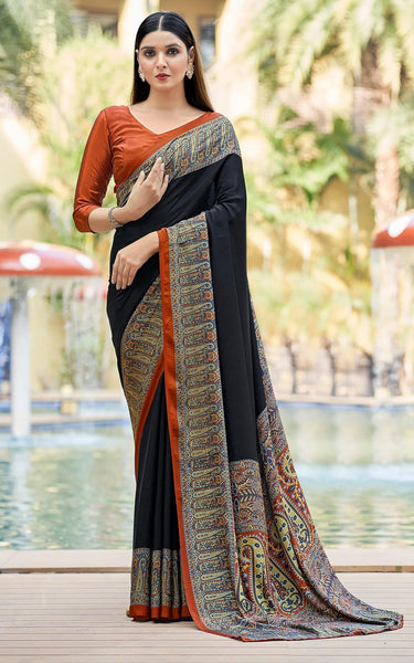 Plain Self Printed, Italian Silk Crape Saree With Contrast Pallu (Black)