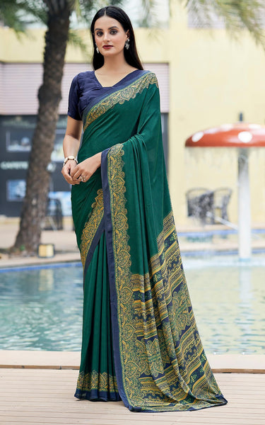 Plain Self Printed, Italian Silk Crape Saree With Contrast Pallu (Rama)