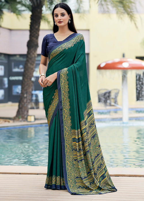 Plain Self Printed, Italian Silk Crape Saree With Contrast Pallu (Rama)