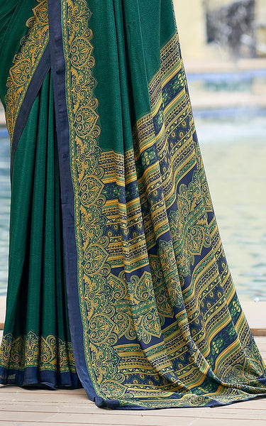 Plain Self Printed, Italian Silk Crape Saree With Contrast Pallu (Rama)