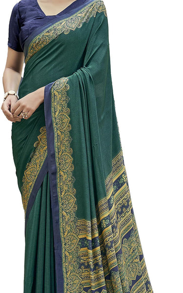 Plain Self Printed, Italian Silk Crape Saree With Contrast Pallu (Rama)