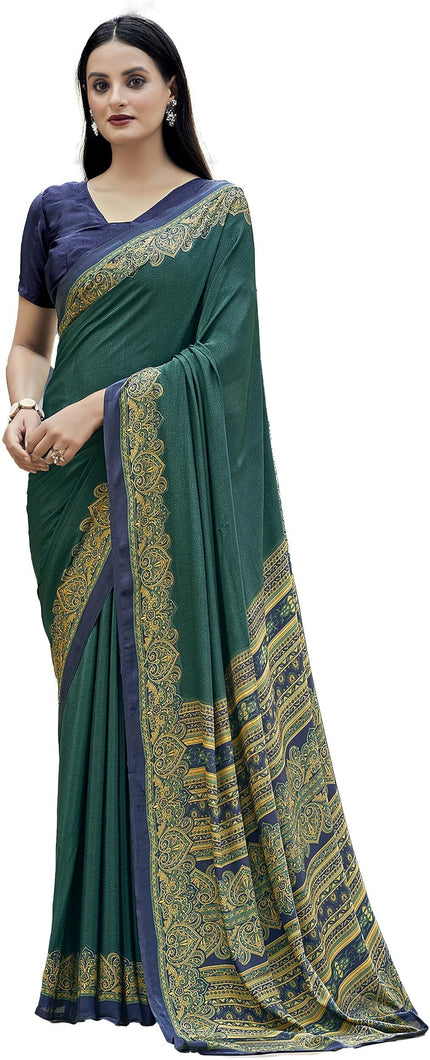 Plain Self Printed, Italian Silk Crape Saree With Contrast Pallu (Rama)