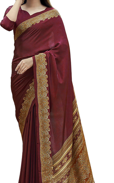 Plain Self Printed, Italian Silk Crape Saree With Contrast Pallu (Red)